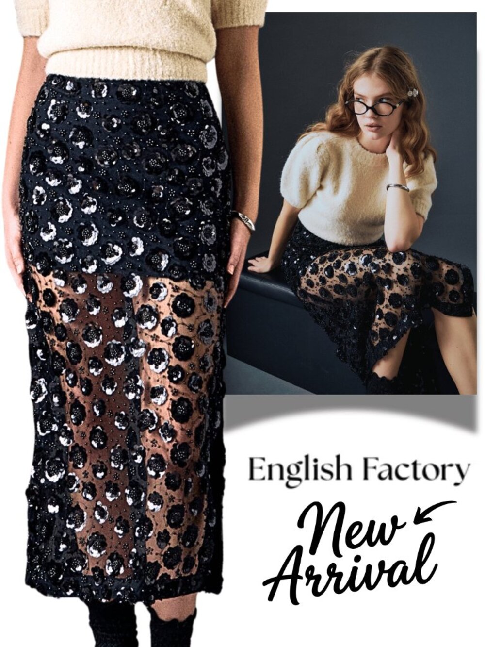 English Factory Holiday Bling Flower Sequin Sheer Black Midi Skirt NEW NWT $120